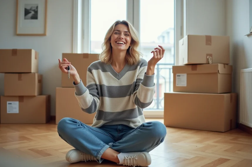 Femme tenant des clés dans un appartement en déménagement
