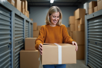 Femme emballant une boîte dans un centre de stockage moderne