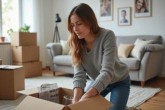 Femme emballant du verre dans une salle de séjour moderne