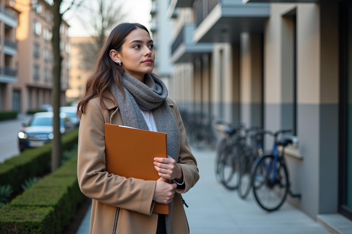 Jeune femme devant un immeuble avec dossier et clés en main
