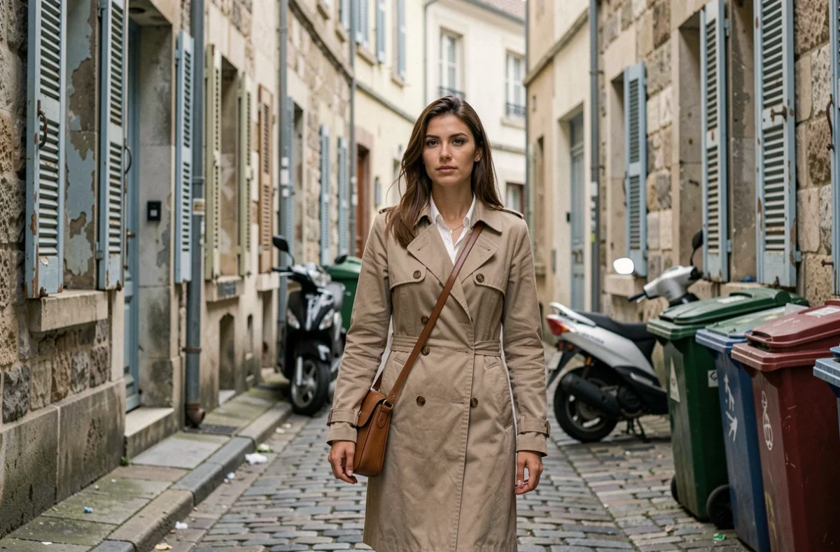 Femme explorant seule un quartier défavorisé à Brive-la-Gaillarde pour évaluer son environnement avant un déménagement