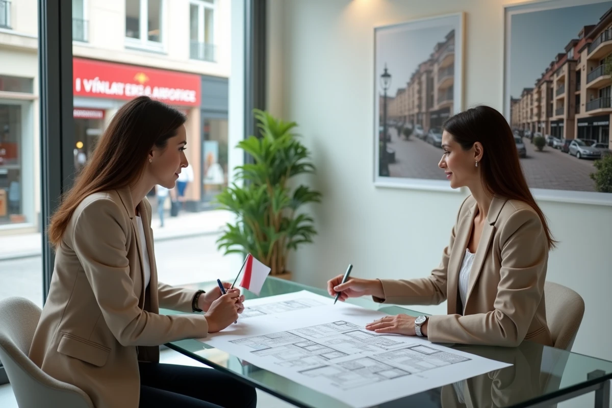 Femme française en réunion avec un agent immobilier andorran étudiant un plan d'appartement