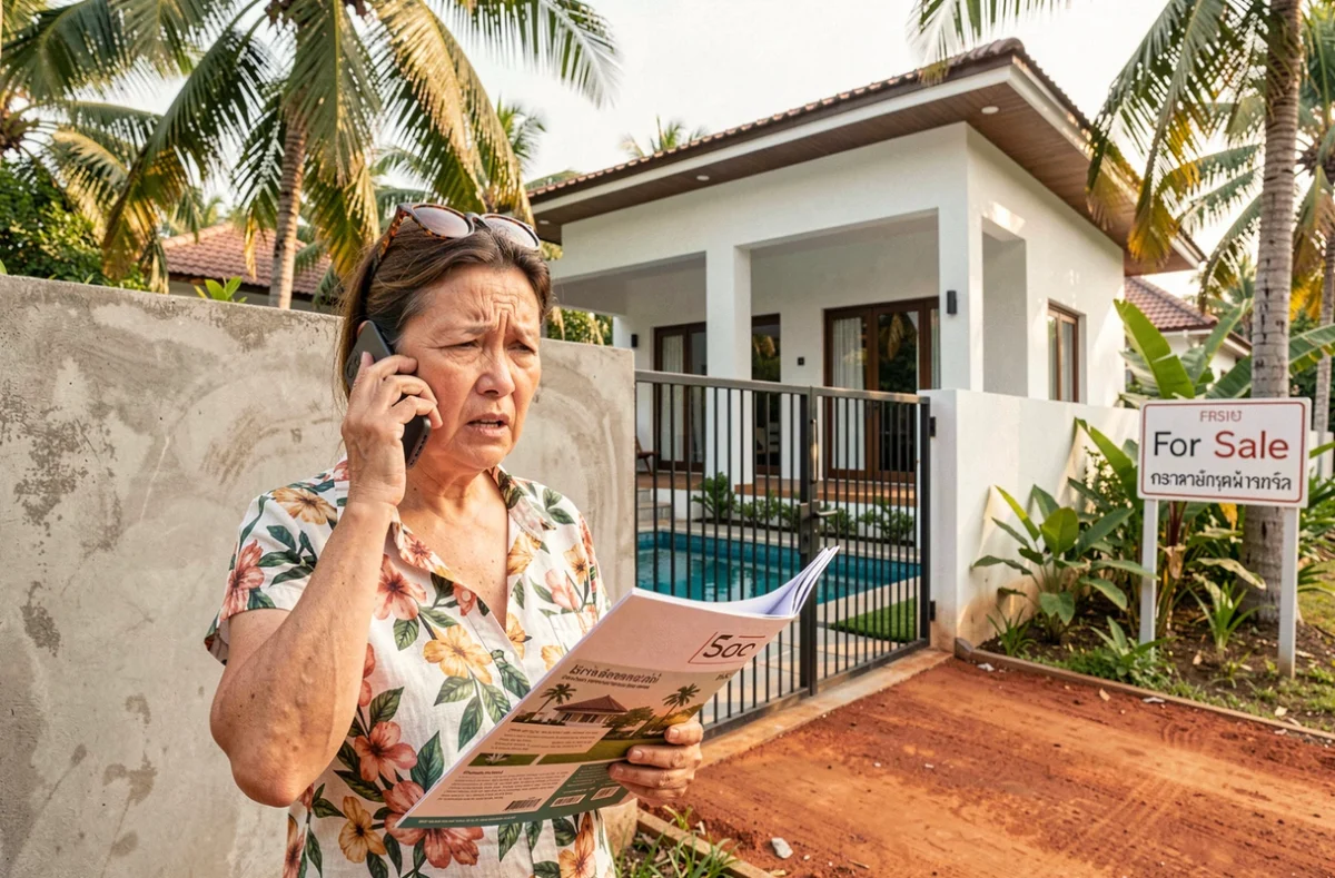 Femme française devant une villa à vendre en Thaïlande à Koh Samui tenant une brochure immobilière