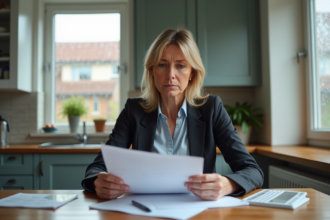 Femme d'âge moyen en cuisine examinant des documents d'assurance