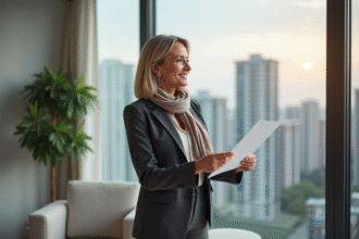 Femme confiante en blazer dans son appartement moderne