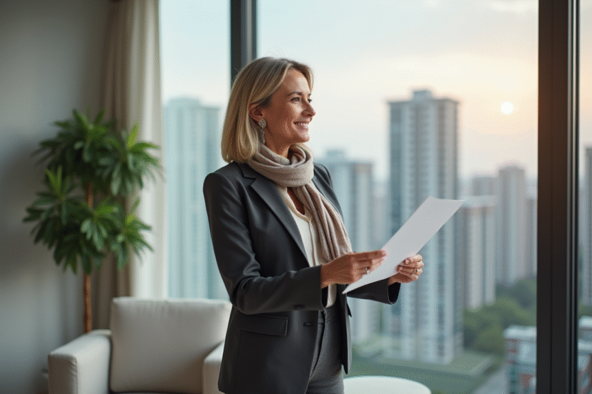 Femme confiante en blazer dans son appartement moderne