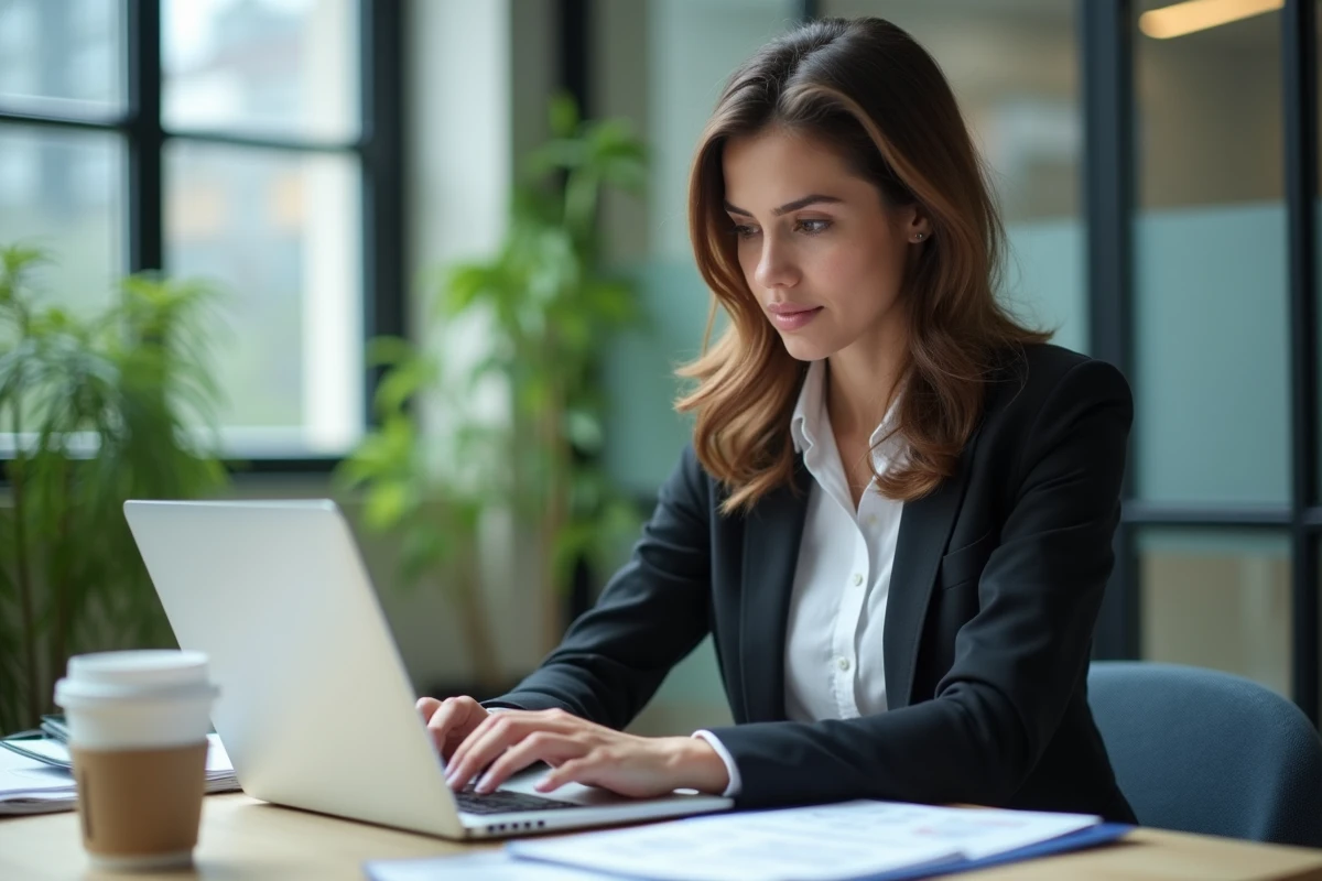 Jeune femme professionnelle consulte des annonces dans un bureau immobilier