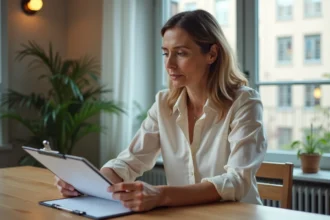 Femme d'âge moyen étudie des documents immobiliers dans un appartement lumineux