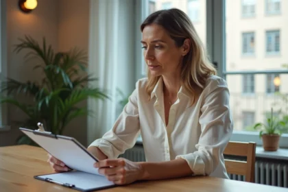 Femme d'âge moyen étudie des documents immobiliers dans un appartement lumineux