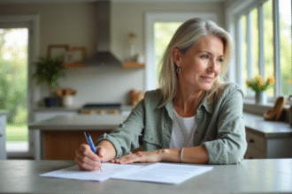Femme d'âge moyen examinant des documents immobiliers dans une cuisine lumineuse