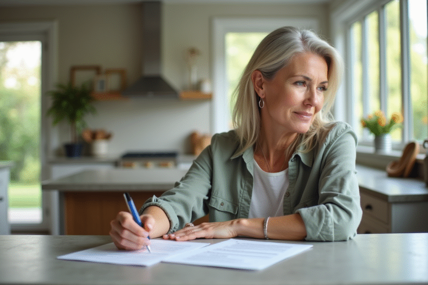 Femme d'âge moyen examinant des documents immobiliers dans une cuisine lumineuse