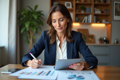 Femme en blazer bleu examinant des documents immobiliers