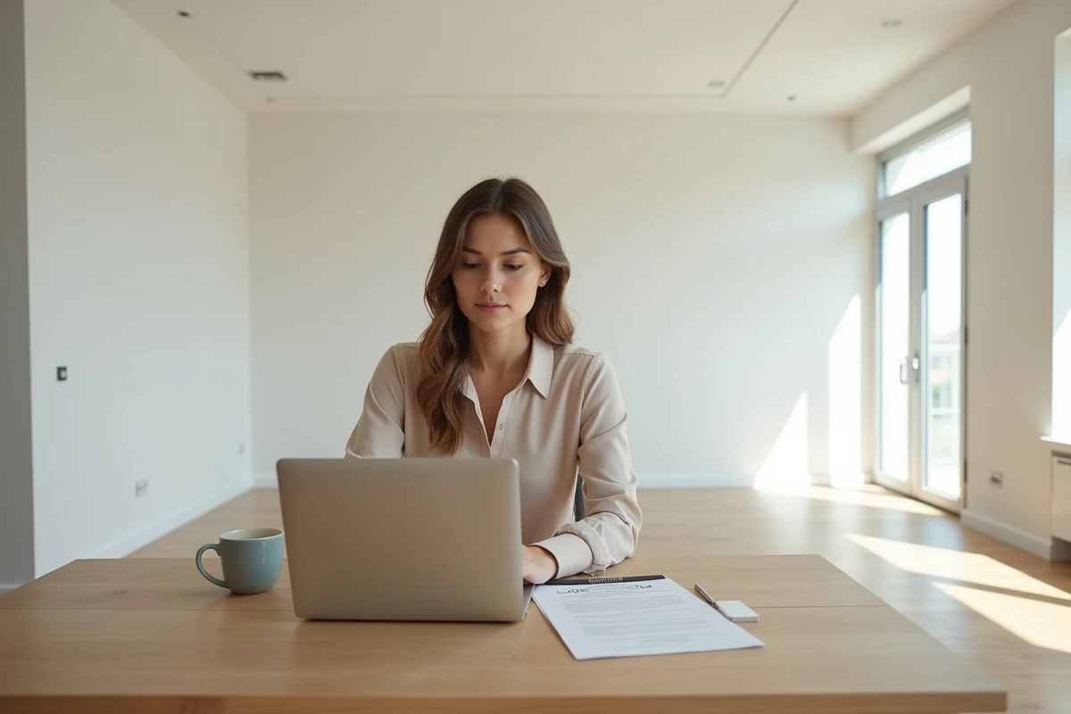 Femme consultant un tableau financier sur ordinateur dans un appartement neuf livré vide lors d'un retour de lot immobilier