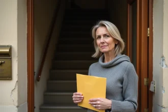 Femme tenant une lettre recommandée officielle devant la porte de son appartement, air préoccupé