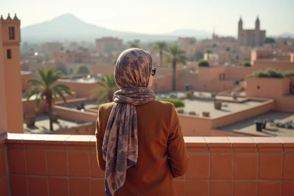 Femme marocaine contemplant les toits de Marrakech