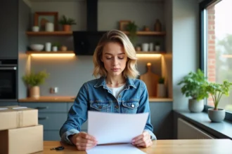 Jeune femme concentrée à préparer ses papiers dans une cuisine moderne