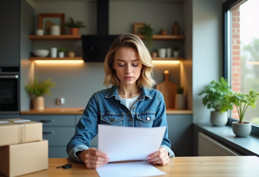 Jeune femme concentrée à préparer ses papiers dans une cuisine moderne