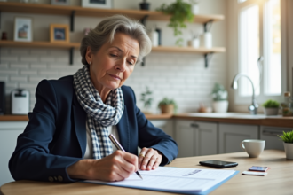 Femme d'âge moyen remplissant des papiers officiels à la maison