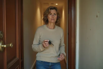 Femme devant une porte d'appartement avec une serrure changée, tenant ses vieilles clés inutilisables, illustrant un changement de serrure illégal par un propriétaire