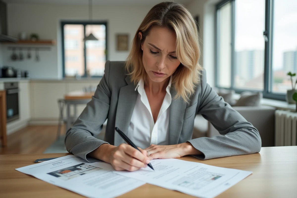 Femme rédigeant une lettre de litige immobilier à une table avec des documents de propriété et un plan d'appartement