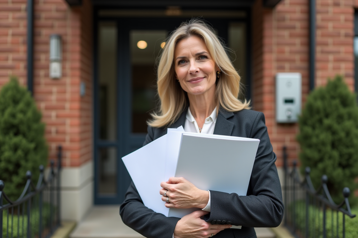Femme professionnelle tenant des dossiers de propriété devant un bâtiment