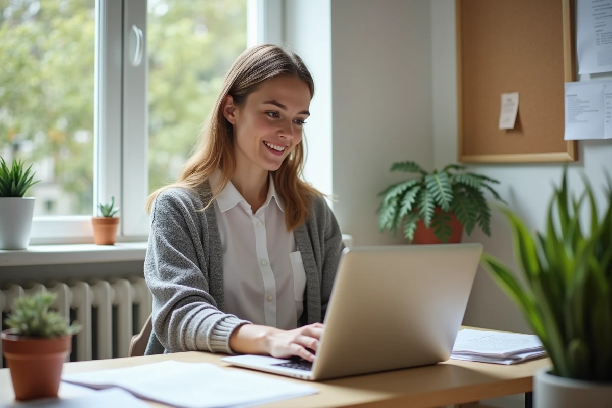 Jeune femme travaillant sur son ordinateur dans un bureau lumineux