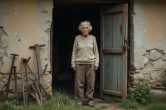 Femme âgée devant une maison abandonnée en France