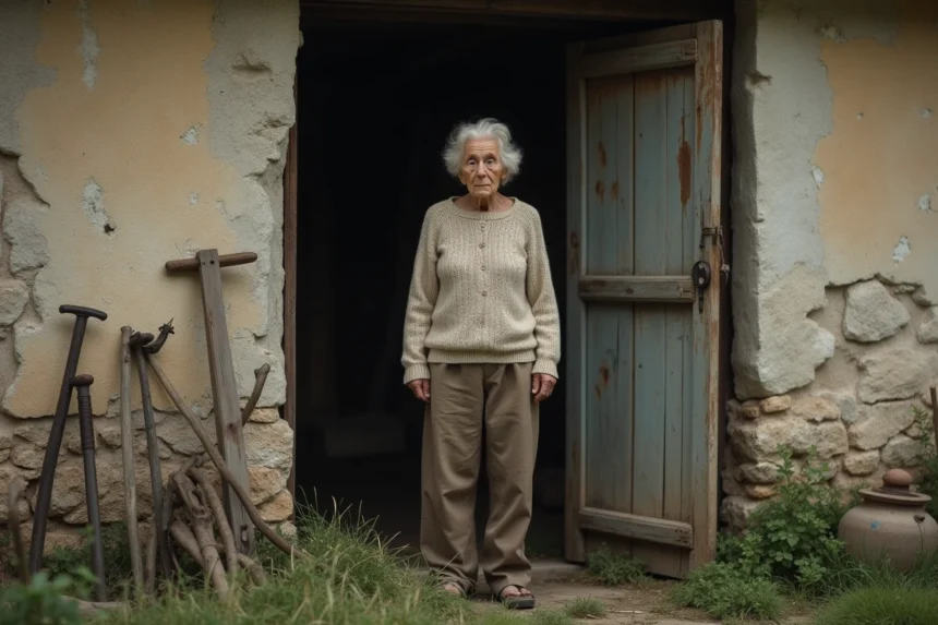 Femme âgée devant une maison abandonnée en France