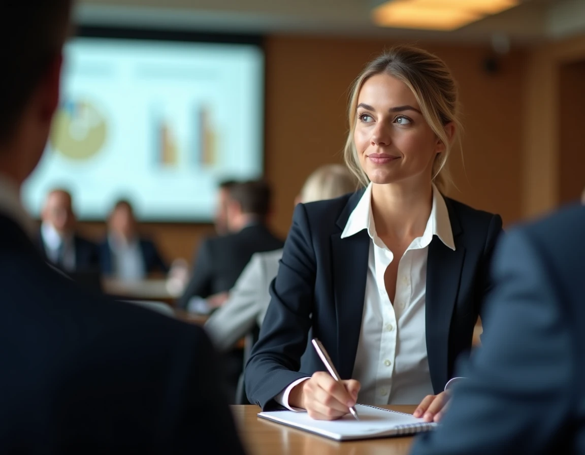 Femme participant à une formation rentier immobilier dans une salle de conférence moderne avec diaporama de rendements locatifs en arrière-plan