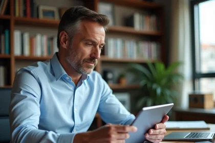 Homme de 40 ans étudiant des documents immobiliers et des graphiques d'investissement sur tablette dans un bureau moderne avant d'acheter son premier bien