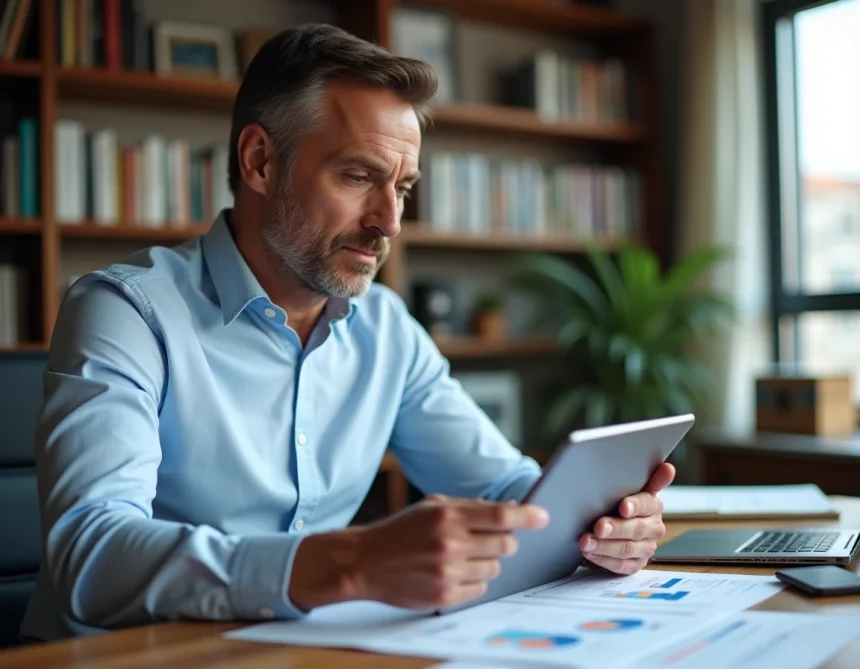 Homme de 40 ans étudiant des documents immobiliers et des graphiques d'investissement sur tablette dans un bureau moderne avant d'acheter son premier bien