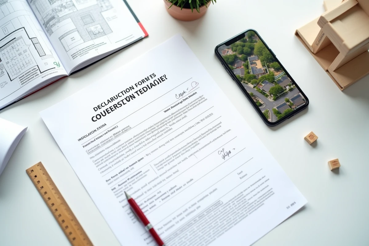 Vue aérienne d'un bureau avec un formulaire Cerfa de déclaration préalable de travaux annoté, un plan de masse et des documents administratifs