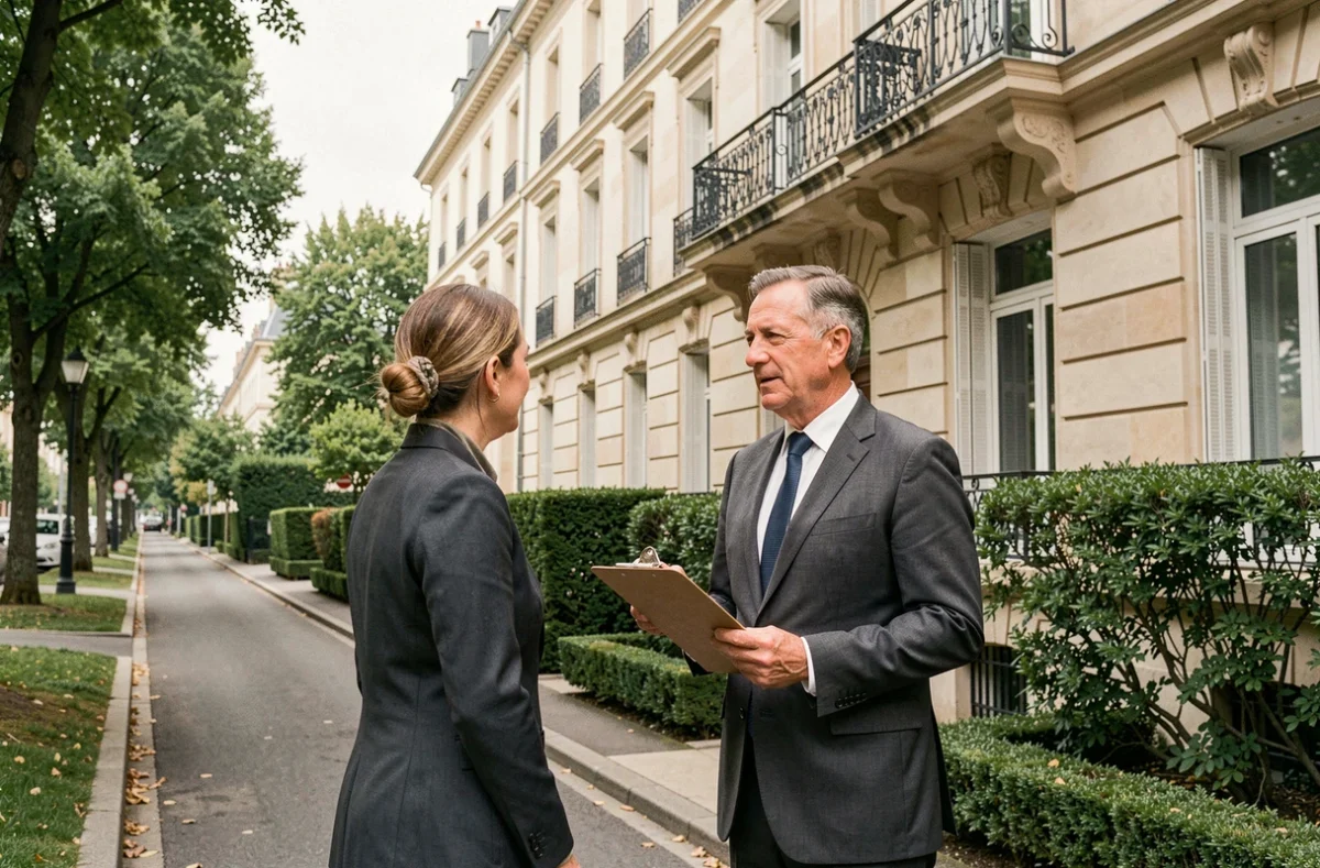 Gestionnaire de copropriété devant un immeuble résidentiel dans les Hauts-de-Seine