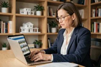 Propriétaire de plusieurs biens immobiliers gérant ses locations en ligne depuis son bureau à domicile avec un tableau de bord numérique