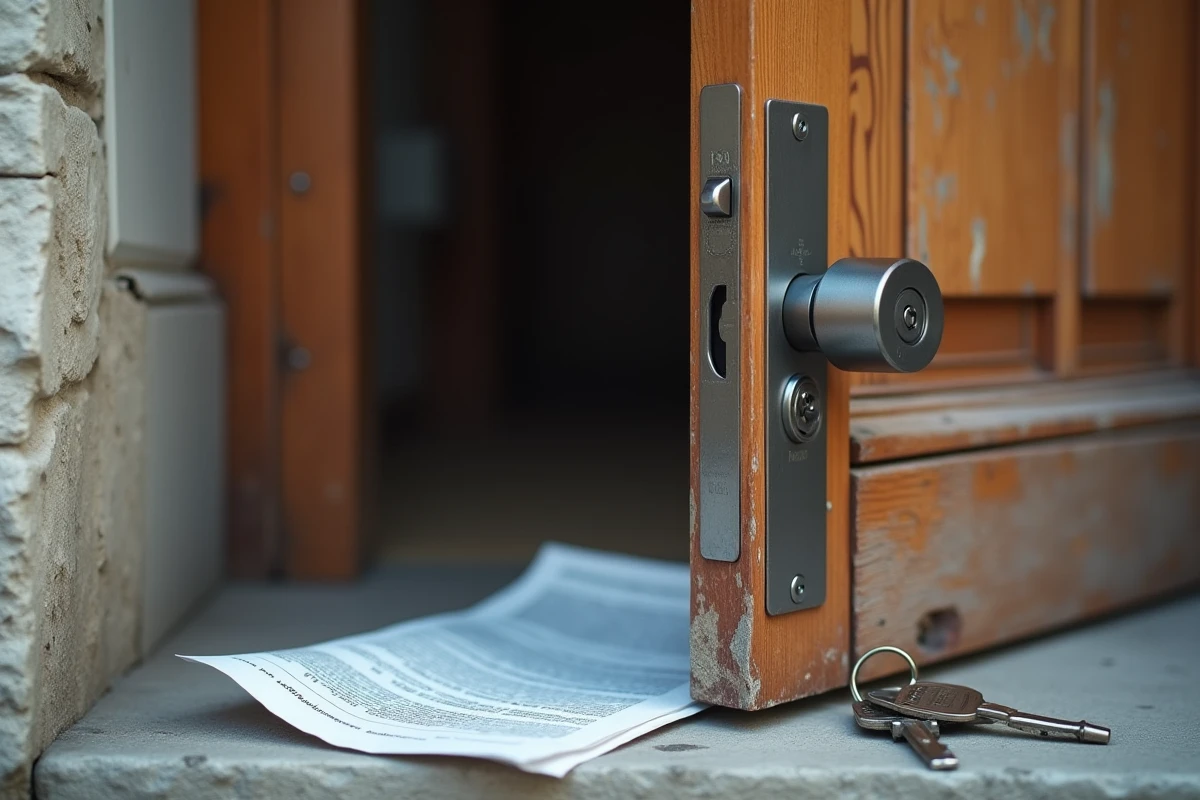 Gros plan d'une serrure de porte changée avec deux jeux de clés et un document officiel glissé dans le cadre, symbolisant un litige locatif pour changement de serrure