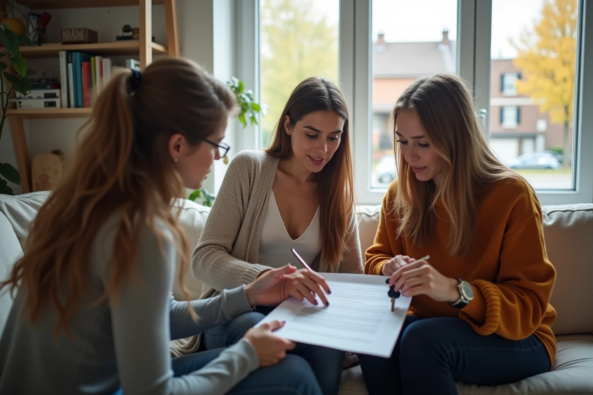 Groupe de colocataires examinant ensemble un contrat de colocation dans le salon de leur appartement partagé