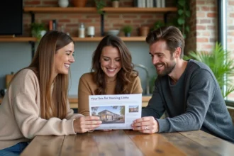 Trois adultes souriants autour d'une table en cuisine moderne
