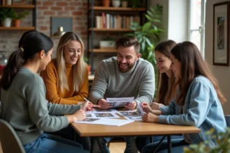 Groupe d adultes discutant autour d'une table dans un appartement moderne