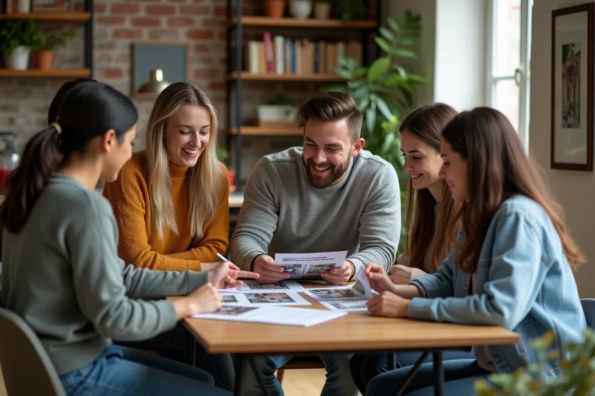 Groupe d adultes discutant autour d'une table dans un appartement moderne