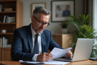 Homme d'affaires en costume bleu à la maison avec papiers et ordinateur