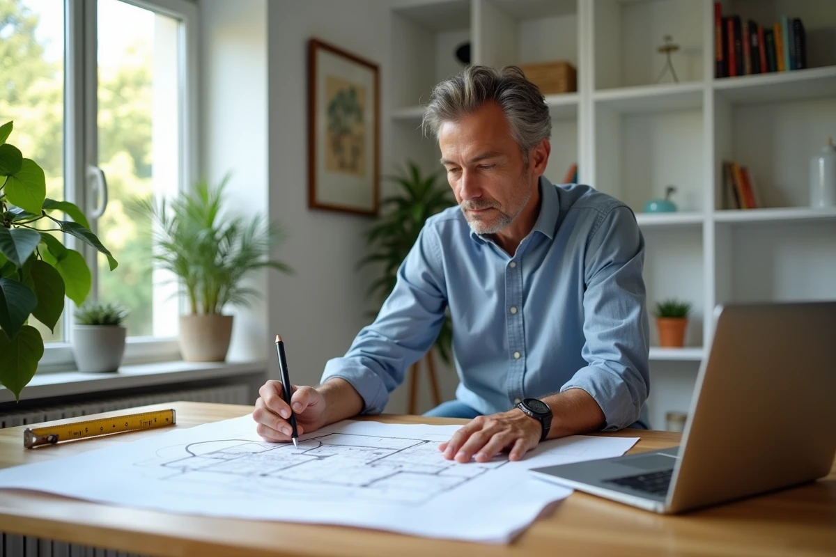 Architecte homme travaillant sur un plan dans son bureau