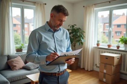 Homme d'âge moyen avec documents immobiliers dans un salon lumineux
