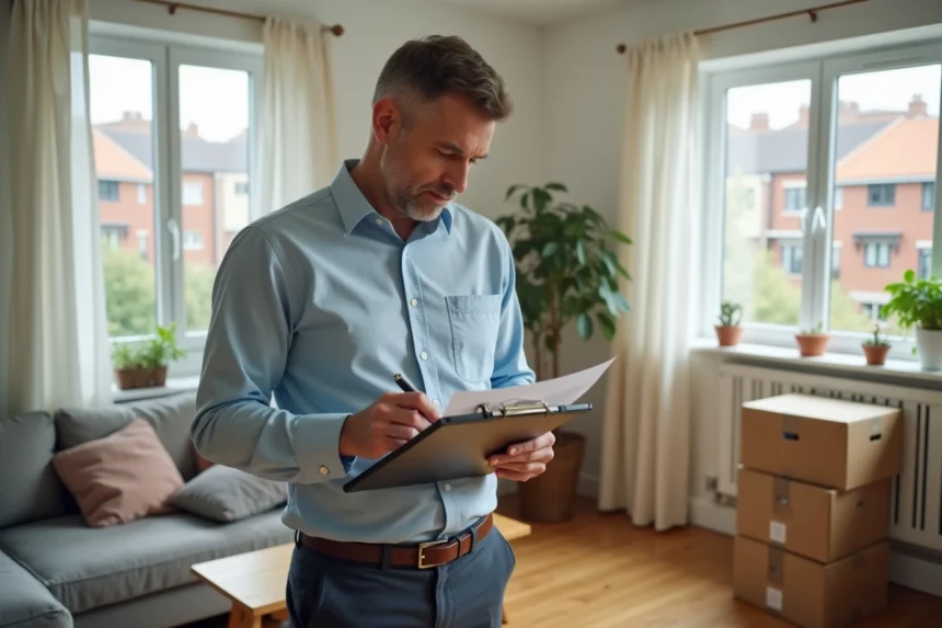 Homme d'âge moyen avec documents immobiliers dans un salon lumineux