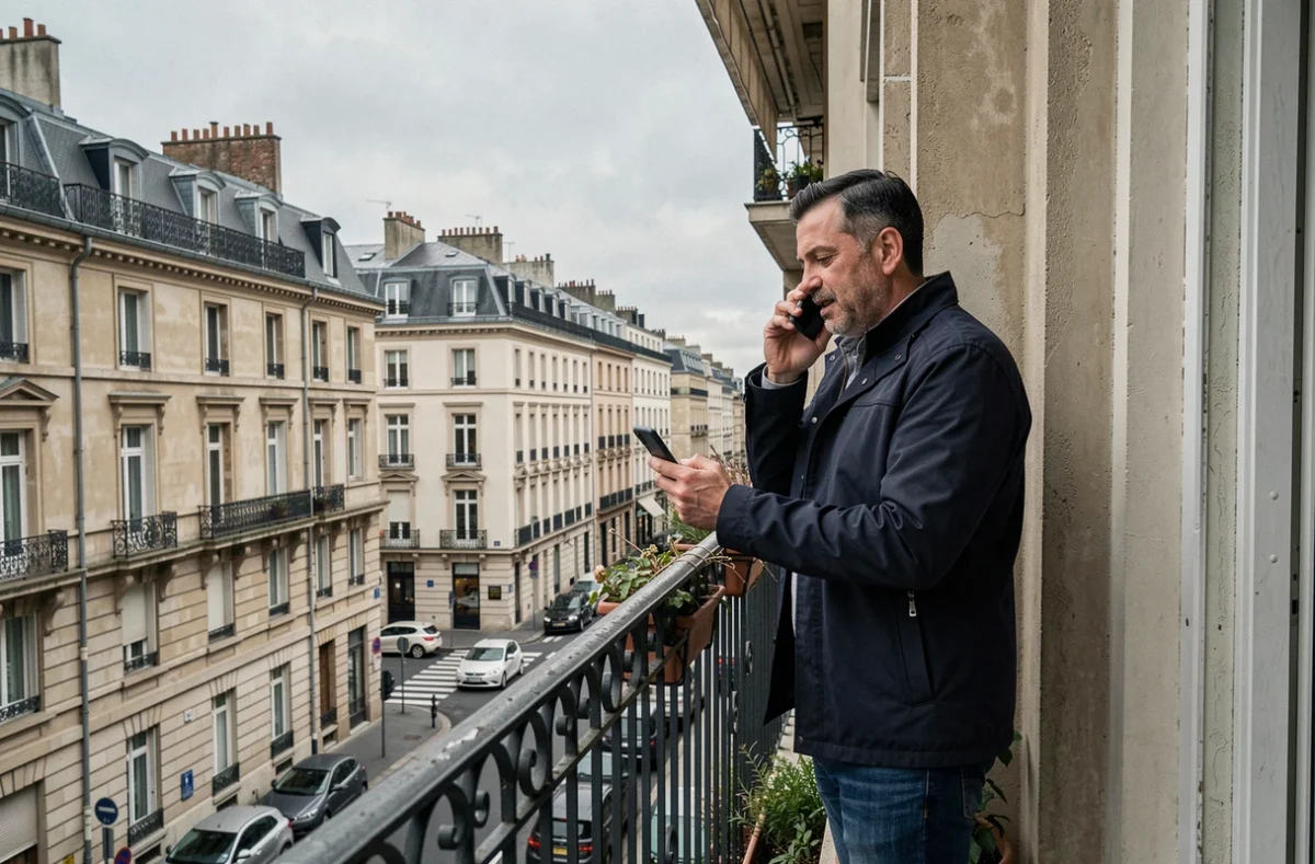Homme sur un balcon d'immeuble résidentiel à Aubervilliers comparant des offres d'assurance habitation