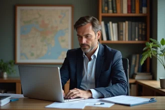 Homme d'âge moyen dans un bureau immobilier concentré