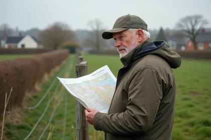 Homme examinant une carte cadastrale en plein air