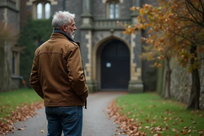 Homme d'âge moyen regardant un château en ruines