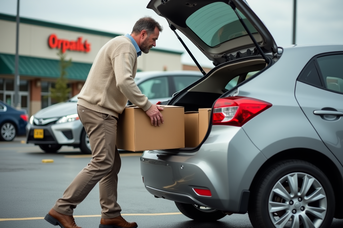 Homme chargeant cartons dans sa voiture au supermarche