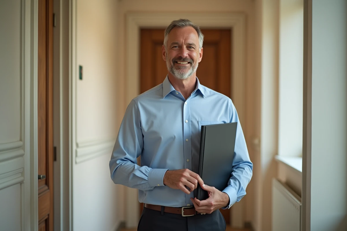 Homme tenant des clés dans un couloir d