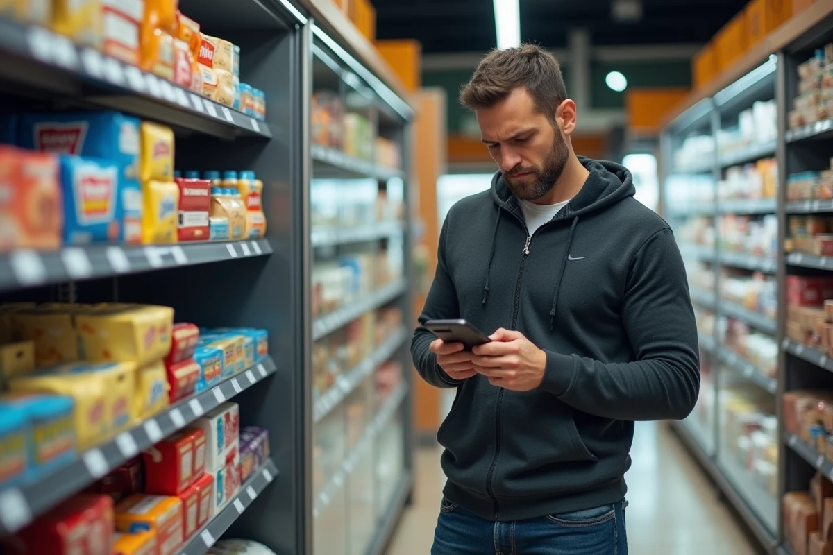 Homme comparant des prix en supermarché avec une application de bons plans en 2026